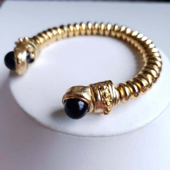 Chunky Vintage Yellow Goldtone Disc Cuff Bracelet w Black Glass Cabochons - Picture 3 of 16